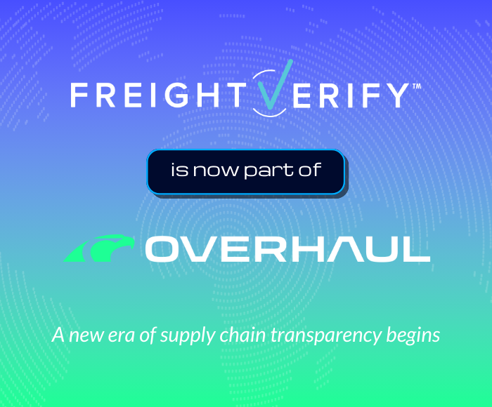 Blue and green background saying, FreightVerify is now part of Overhaul. A new era of supply chain transparency begins.