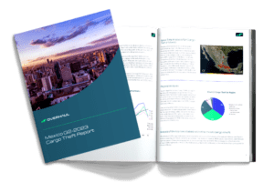 Cover of Overhaul's Mexico cargo theft report for Q2-2023. Features several buildings along with the text, "Mexico Q2-2023 cargo theft report." Behind the cover is a sneak peek of a graph and image from the report.
