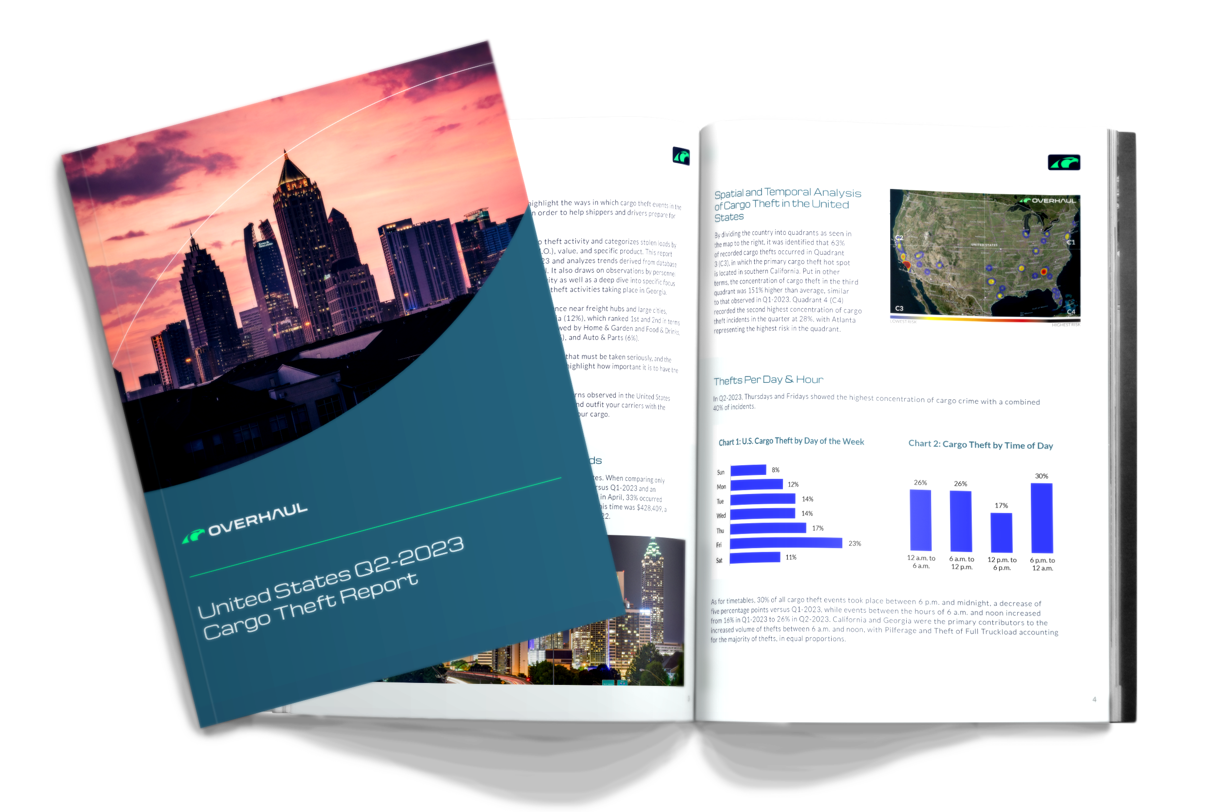 Cover page of US Q2-2023 Cargo Theft Report featuring buildings at sunset, as well as a sneak peak into two graphs and some text from one of the pages.