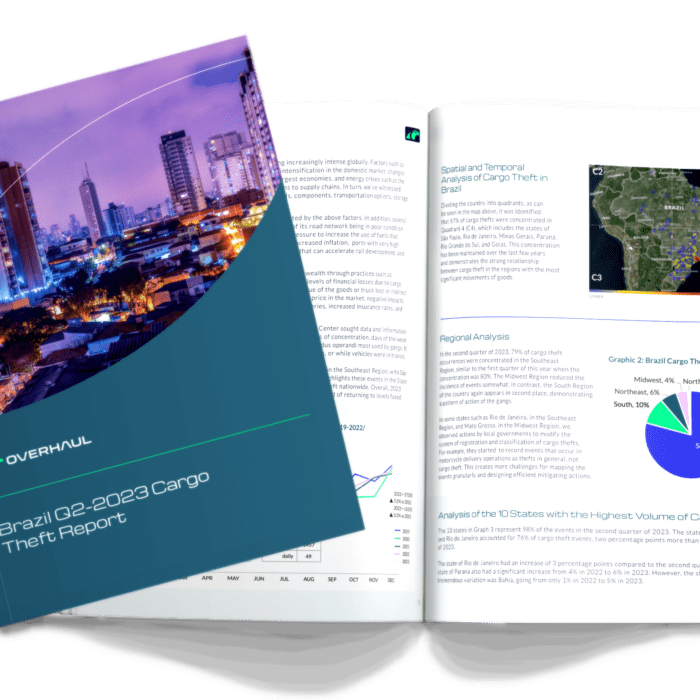 Cover of Overhaul's Q2-2023 Brazil cargo theft report featuring a city, with a teaser on the right of two graphs and some text from the inside of the report.