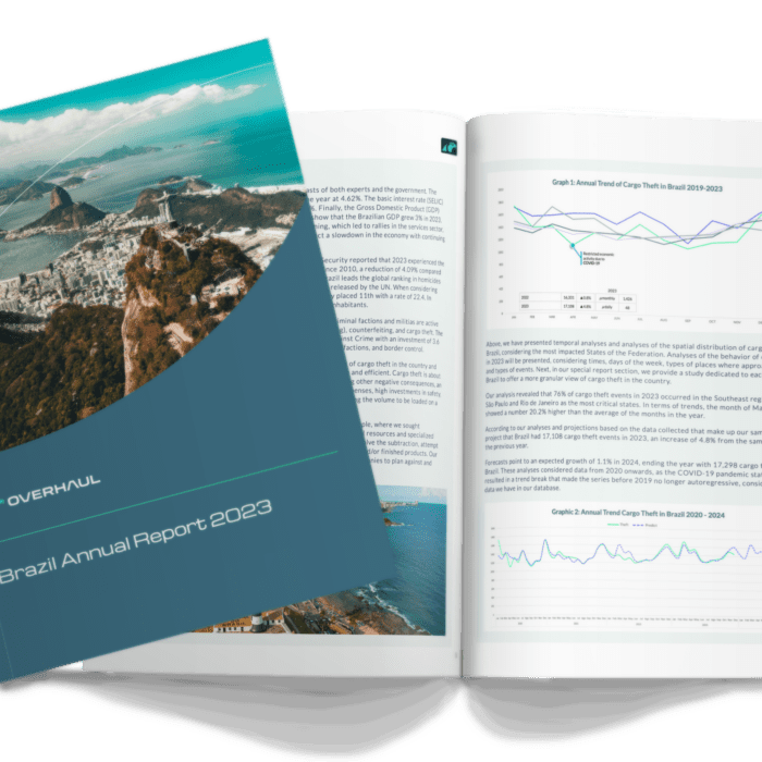 Cover of the 2023 Brazil Annual Cargo Theft Report, featuring charts from inside.
