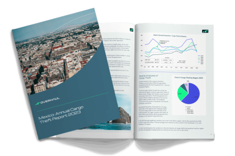 Cover of Overhaul's Mexico Annual Cargo Theft Report 2023. Also includes some of the inside of the report, including some text and a pie chart.