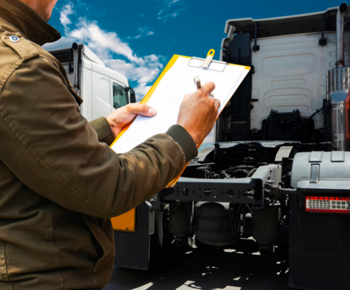 A man holds a clipboard in front of the truck as he conducts the carrier vetting process.