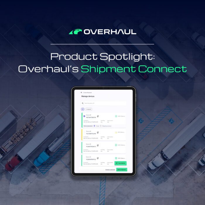 Image of trucks with text overlayed saying "Product Spotlight: Overhaul's Shipment Connect." Beneath that is an image of our shipment creation tool.