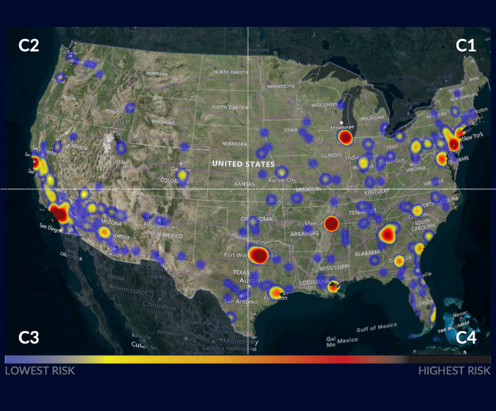 Cargo theft heat map of the US in 2024.