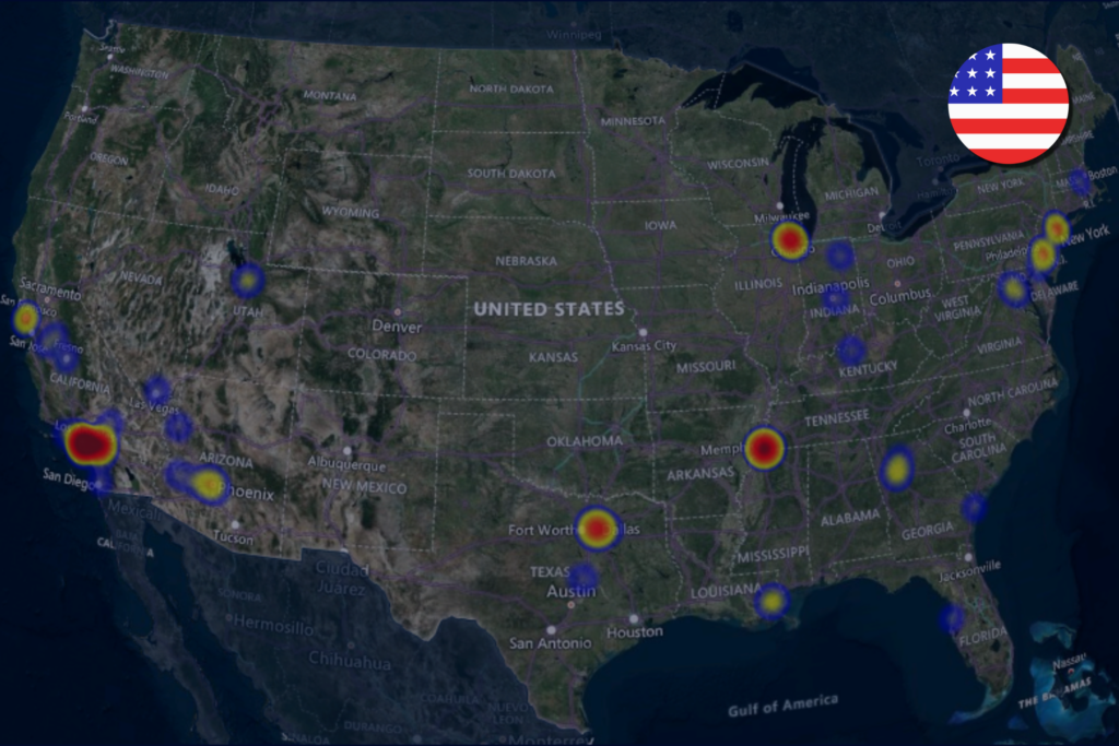 Heat map of cargo theft in the USA during January 2025.