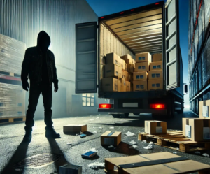 Robber in the middle of a fictitious pickup--a type of strategic cargo theft--stands ominously by an open truck filled with boxes.
