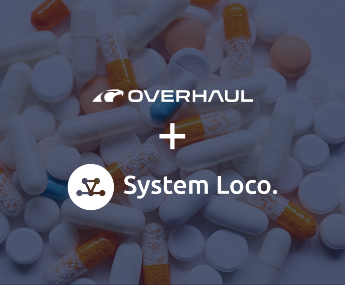 Overhaul + System Loco logos in white in front of images of pills.