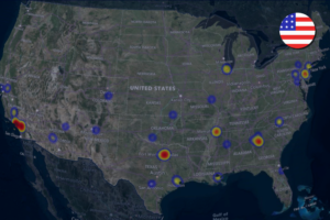 Map of the US with cargo theft hotspots marked for March 2025.