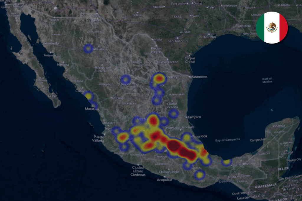 Map from June 2025 of cargo theft hot spots in Mexico.