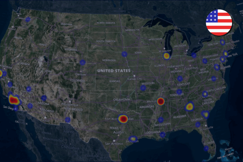 Map of cargo theft hot spots in the USA during May of 2025.