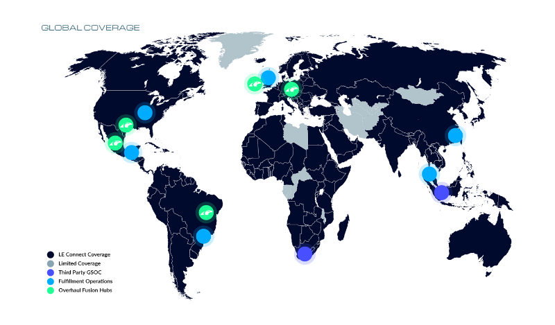 Map of LE Connect, showing coverage, 3rd party GSOC, fulfillment operations, and Overhaul fusion hubs.