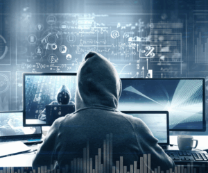 Thief with several laptops, signifying the high value cargo he stole.