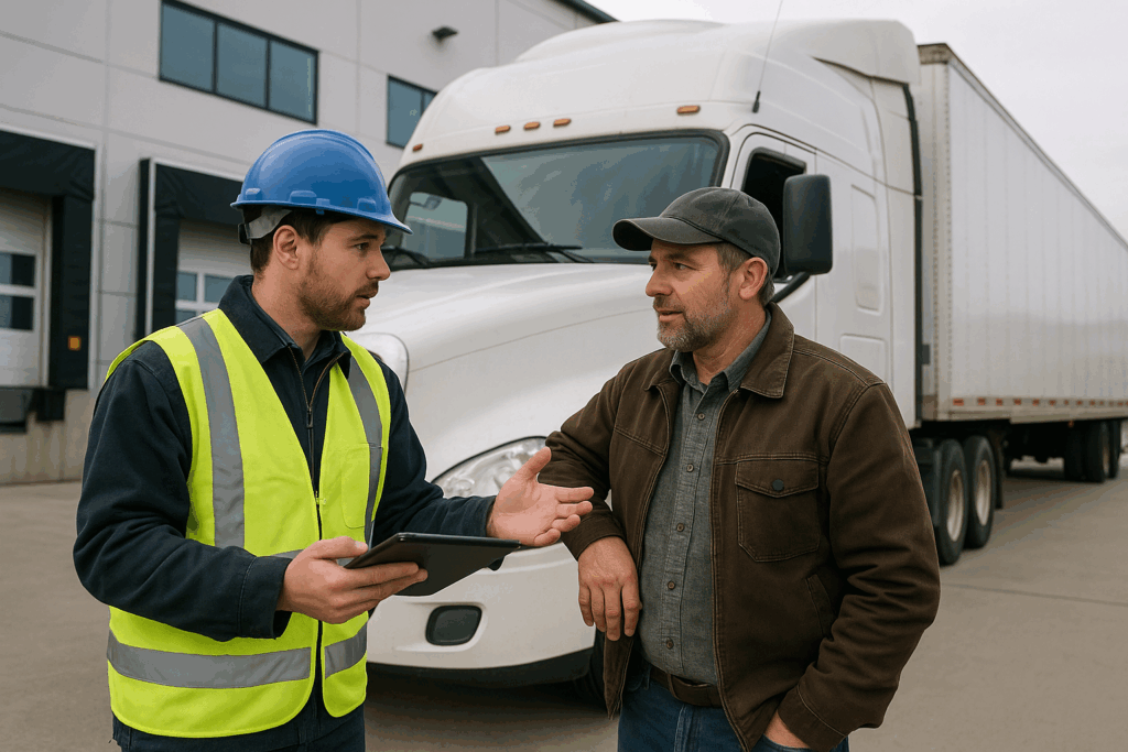 Man in hard hat and vest attempting to stop carrier fraud with driver.