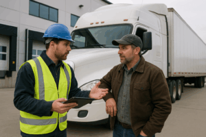 Man in hard hat and vest attempting to stop carrier fraud with driver.